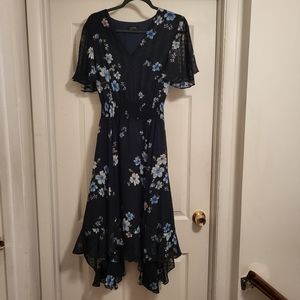 TAHARI Navy Blue Floral V-neck Dress